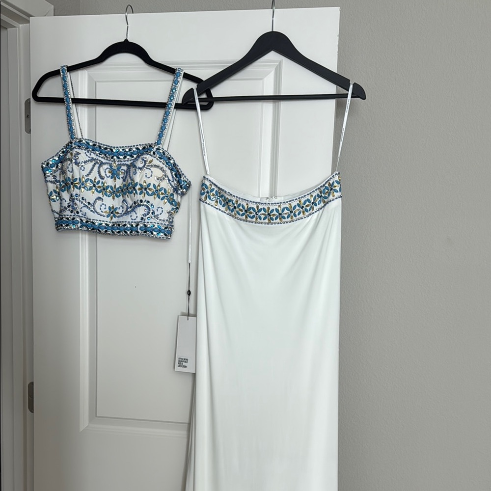 Elegant 2 pc  Ivory and Blue Embellished Dress Sz. 8